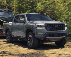 Imagen vista frontal de Nissan Frontier gris estacionada en vegetación todo terreno