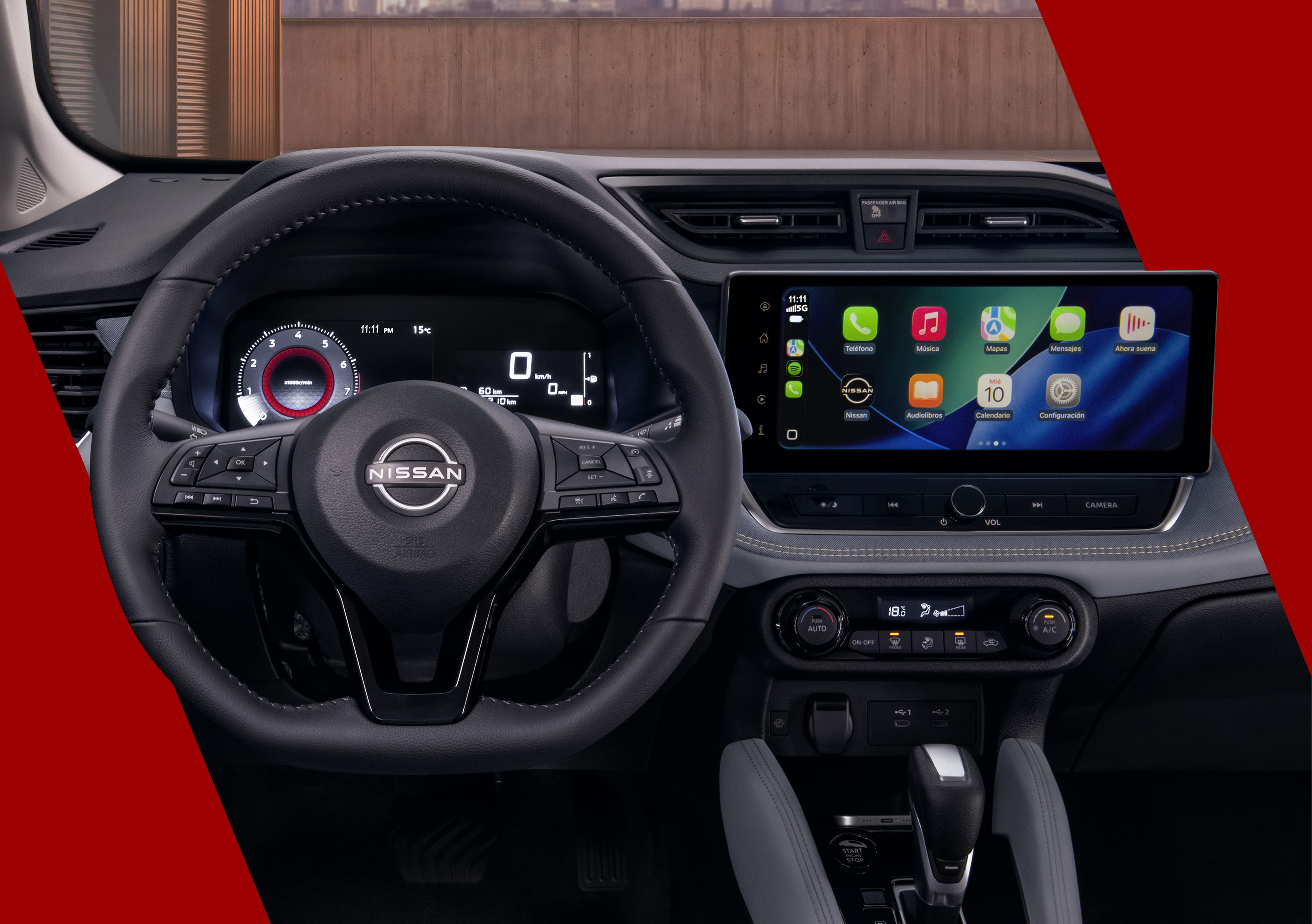 Tablero de Nissan Versa 2026 con botones de conectividad de NissanConnect® Services