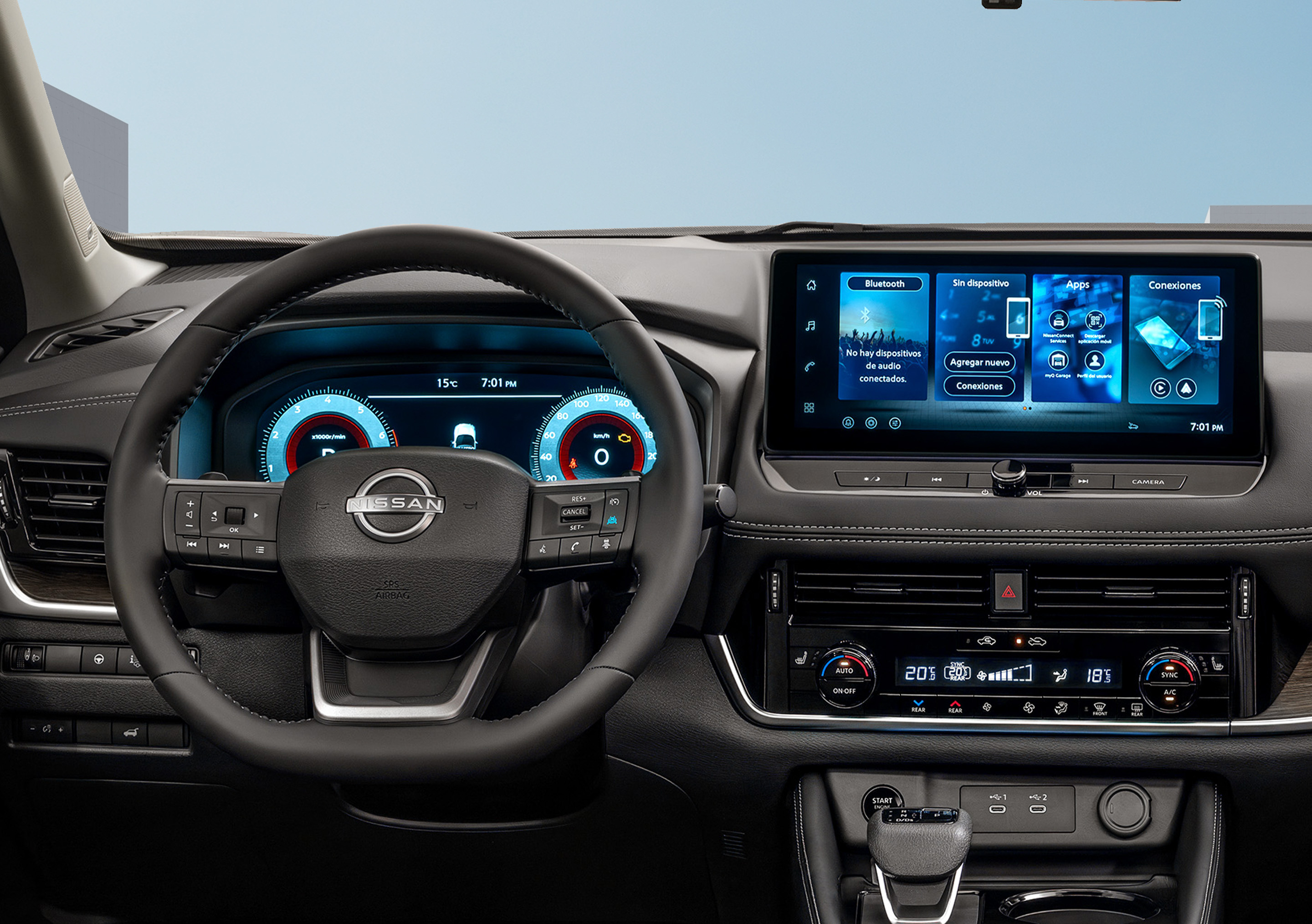Tablero de Nissan X-Trail 2026 con tecnologías de NissanConnect®, Apple CaerPlay® y Android Auto®